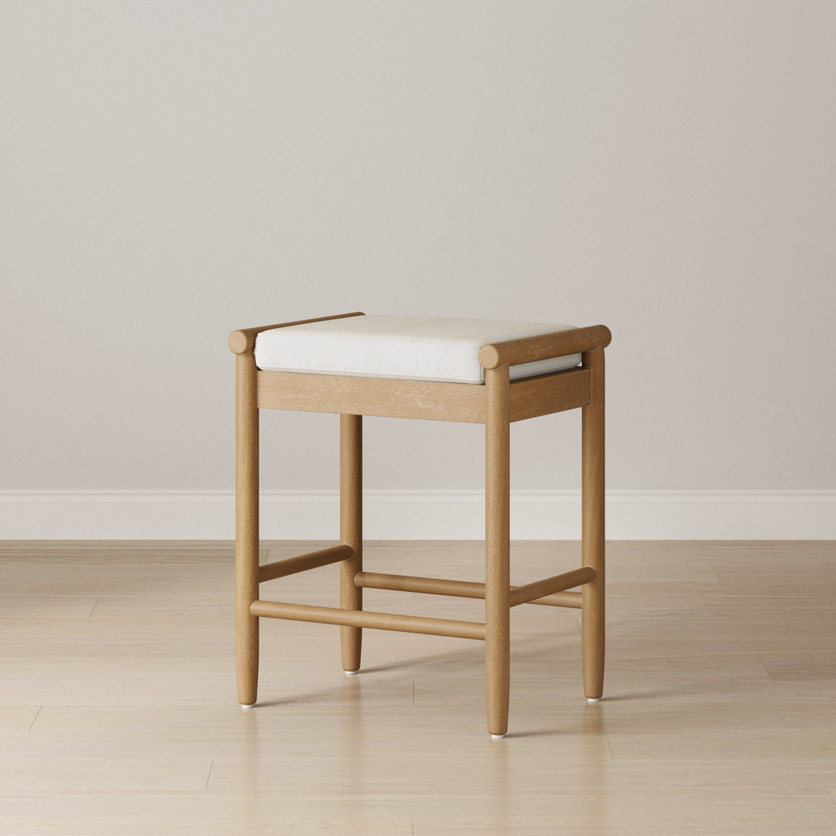 Backless Wooden Bar Stool with Boucle Upholstery Light Brown
