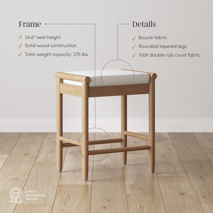 Backless Wooden Bar Stool with Boucle Upholstery Light Brown