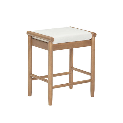 Backless Wooden Bar Stool with Boucle Upholstery Light Brown