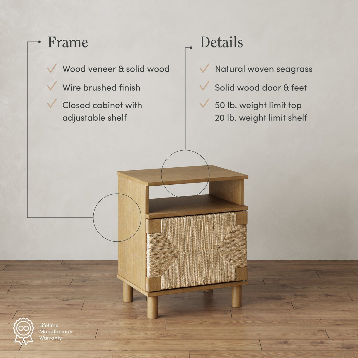 Boho Seagrass & Wood Storage Nightstand