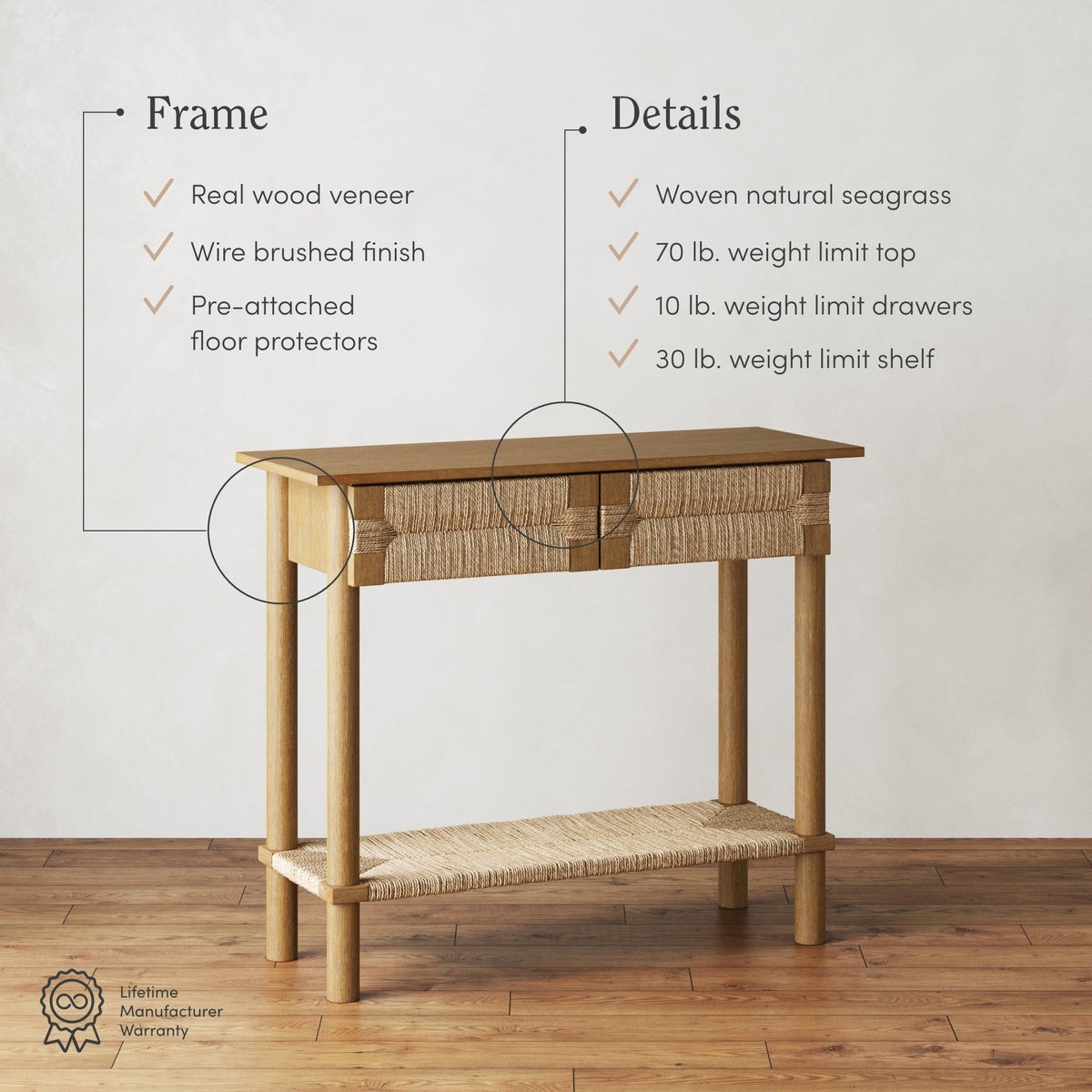 Boho Seagrass & Wood Console Table