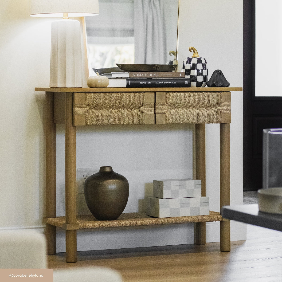 Boho Seagrass & Wood Console Table