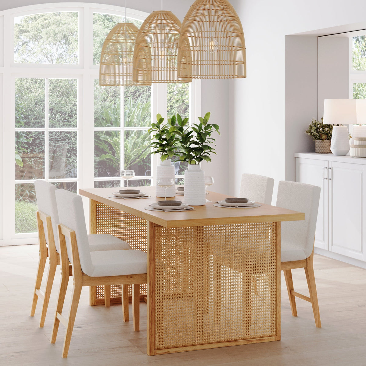 Bohemian Wood & Boucle Dining Set