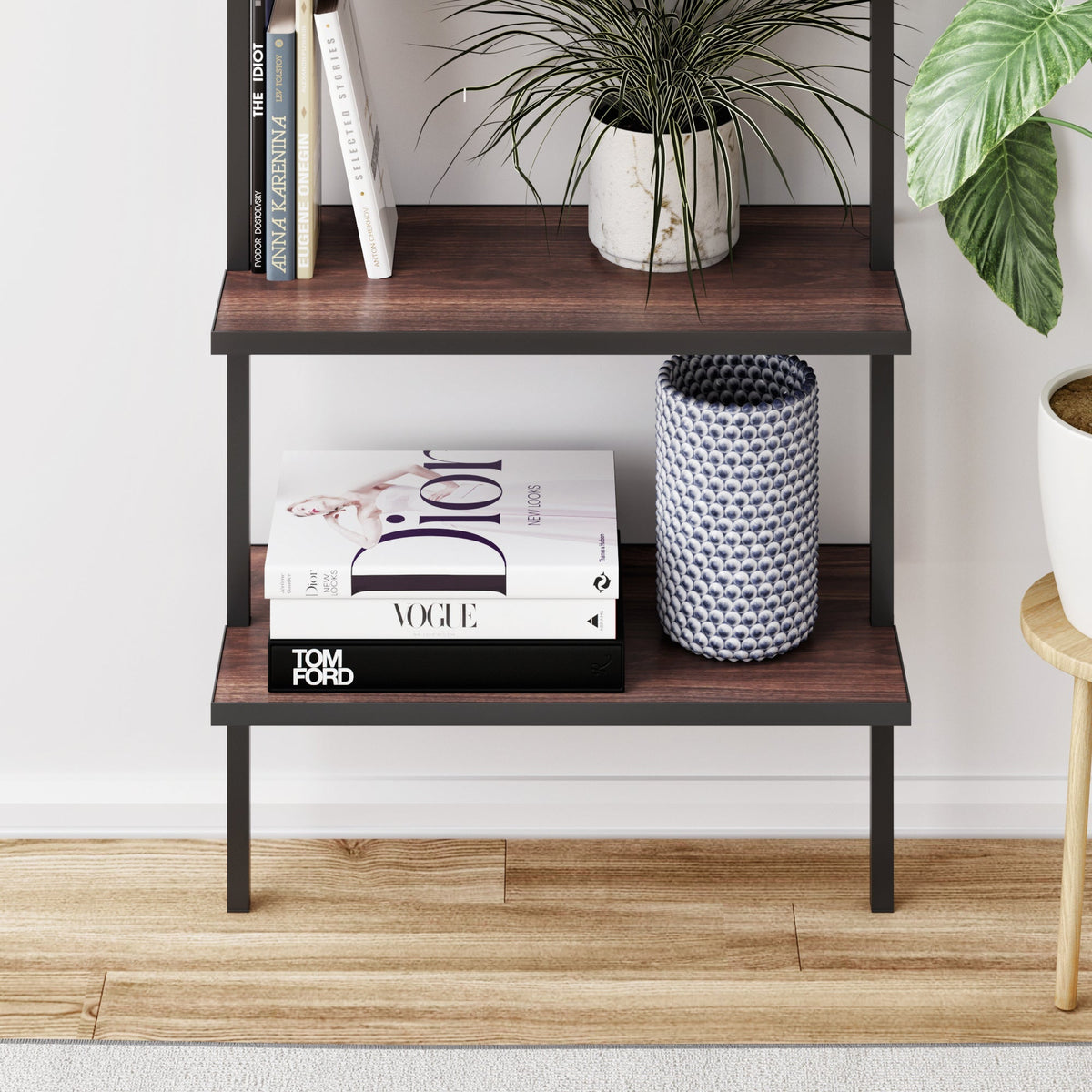 5-Shelf Ladder Bookshelf Walnut Matte Black