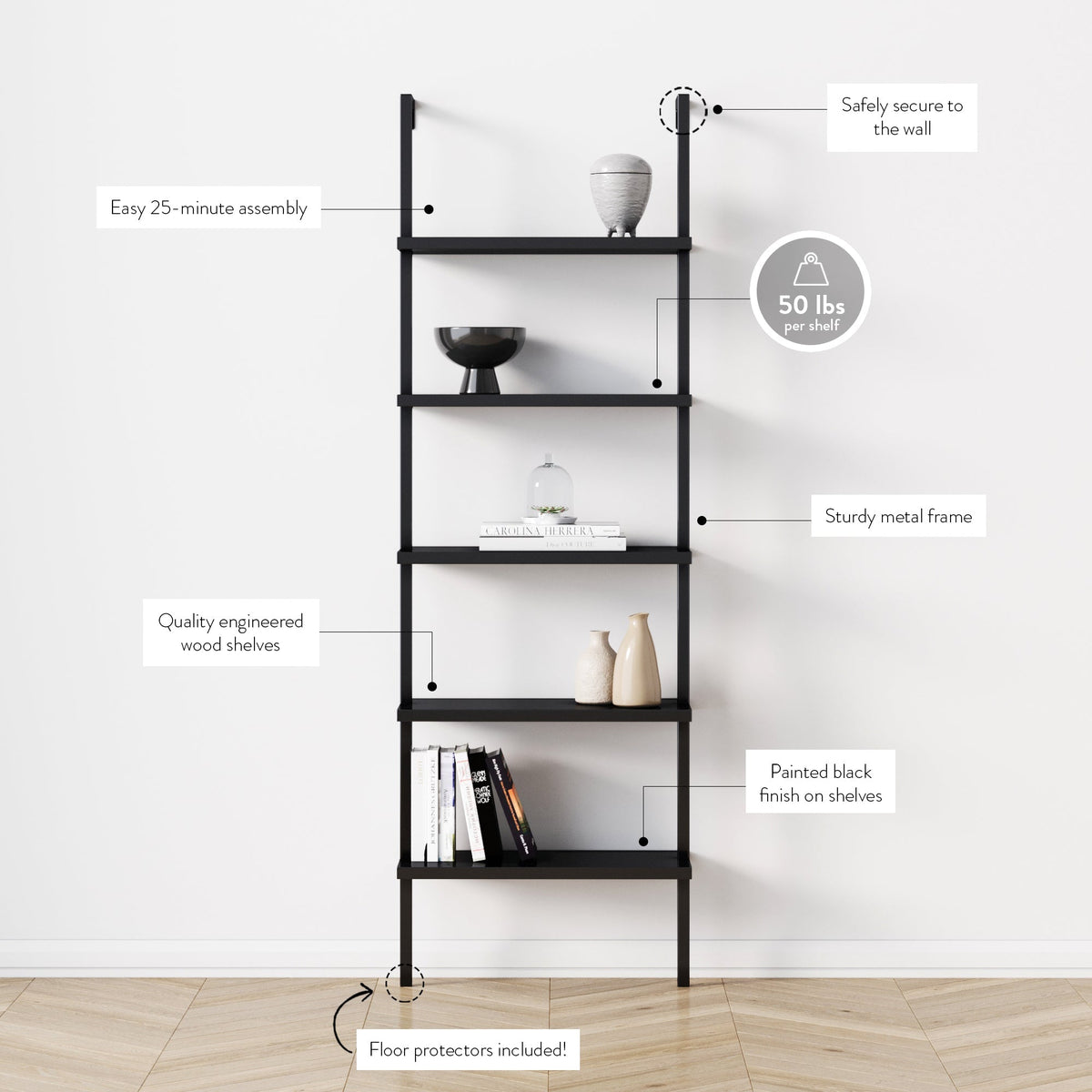 5-Shelf Ladder Bookshelf Black