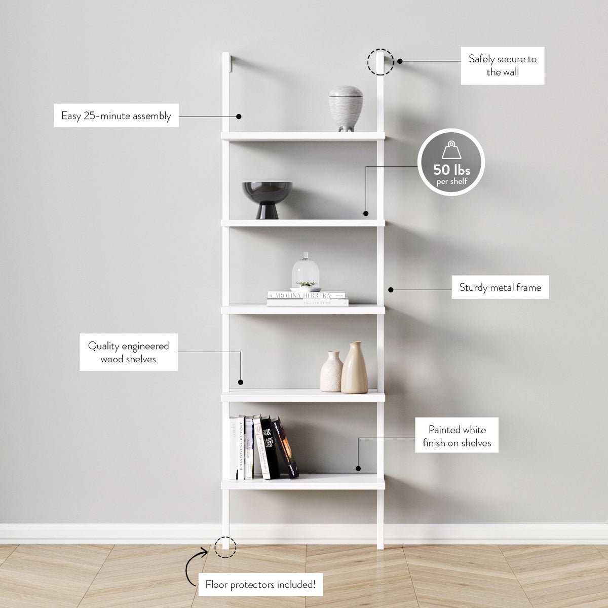 5-Shelf Ladder Bookshelf White