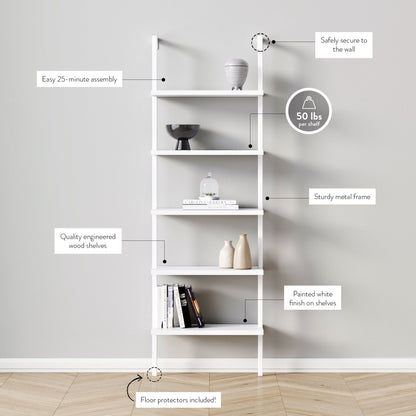 5-Shelf Ladder Bookshelf White