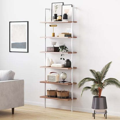 6-Shelf Ladder Bookshelf Oak Matte White