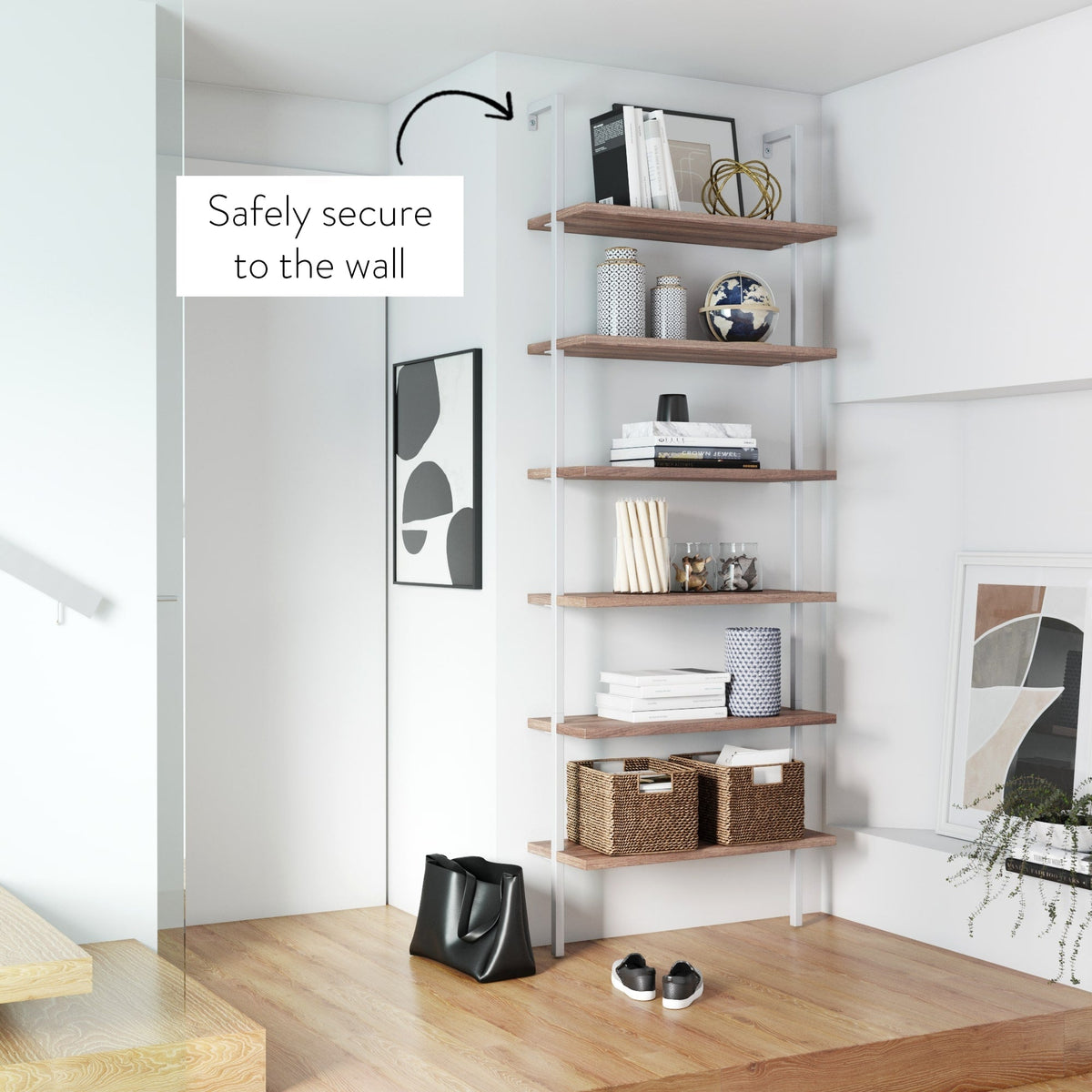 6-Shelf Ladder Bookshelf Oak Matte White