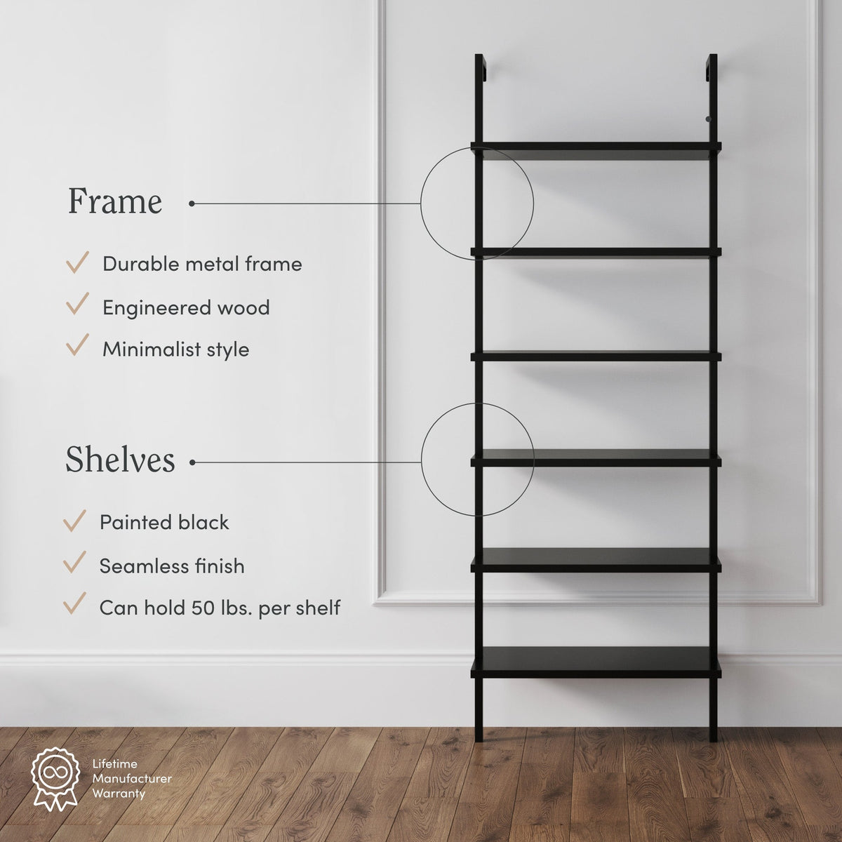 6-Shelf Ladder Bookshelf Black