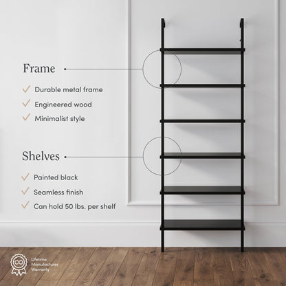 6-Shelf Ladder Bookshelf Black