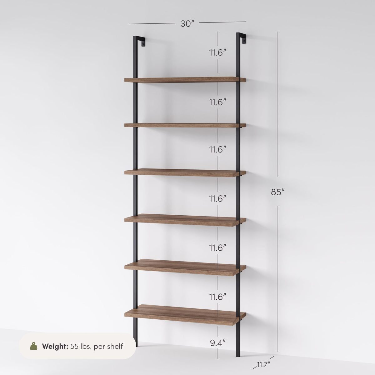 6-Shelf Ladder Bookshelf Oak Matte Black