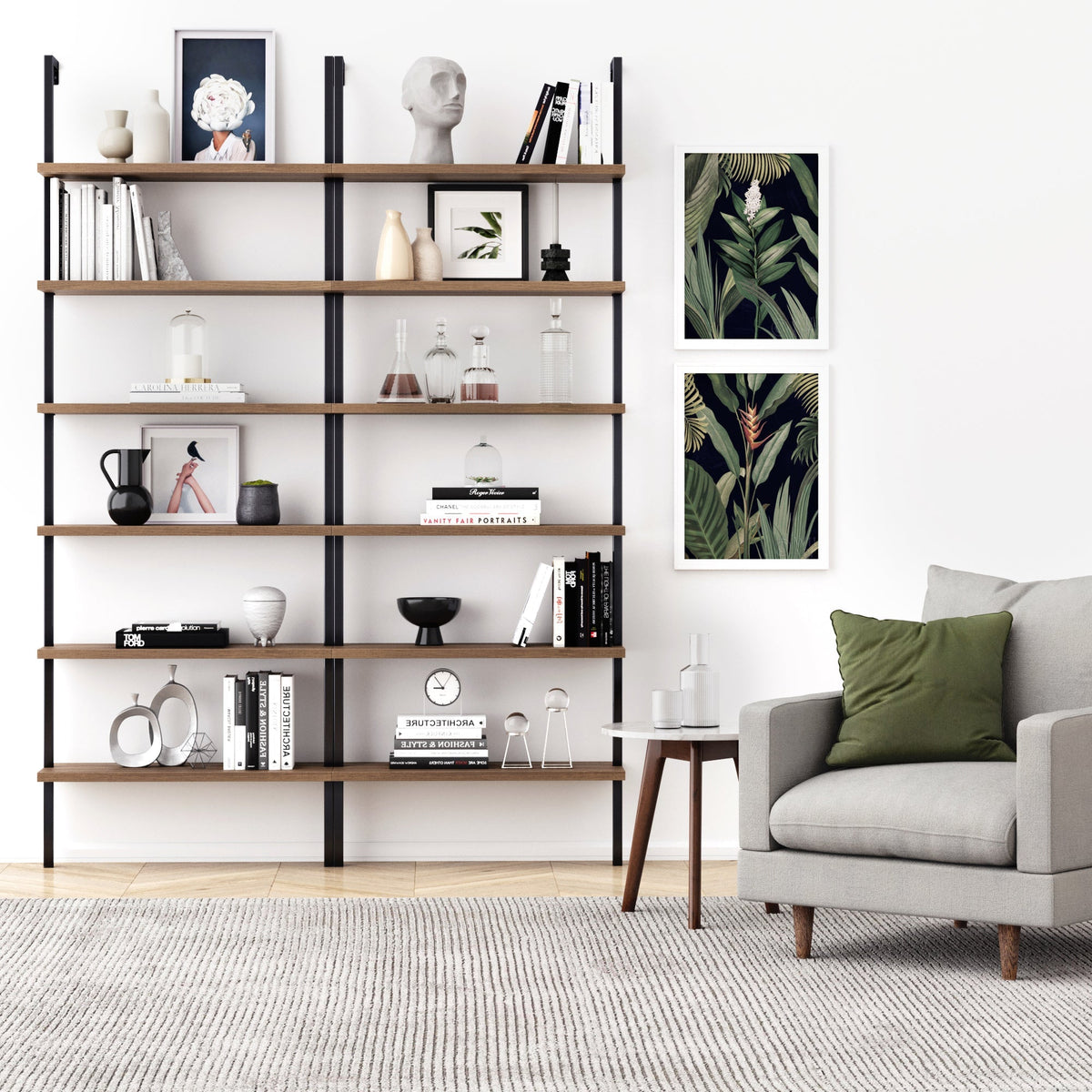 6-Shelf Ladder Bookshelf Oak Matte Black