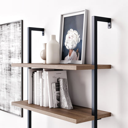 6-Shelf Ladder Bookshelf Oak Matte Black