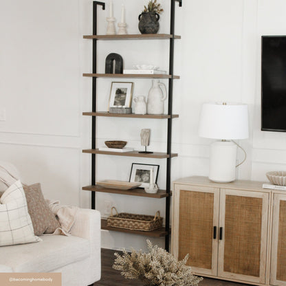 6-Shelf Ladder Bookshelf Oak Matte Black