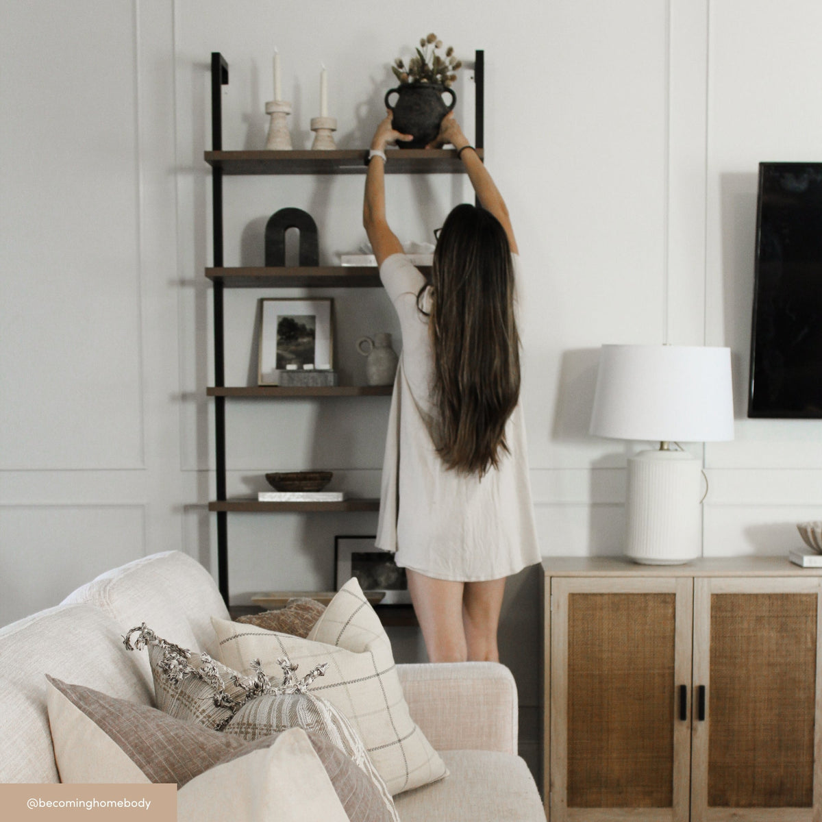 6-Shelf Ladder Bookshelf Oak Matte Black