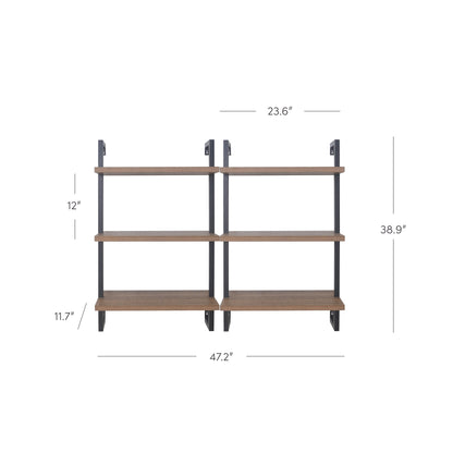3-Shelf Ladder Bookshelf Oak Matte Black (Set of 2)