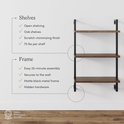 3-Shelf Ladder Bookshelf Oak Matte Black (Set of 2)