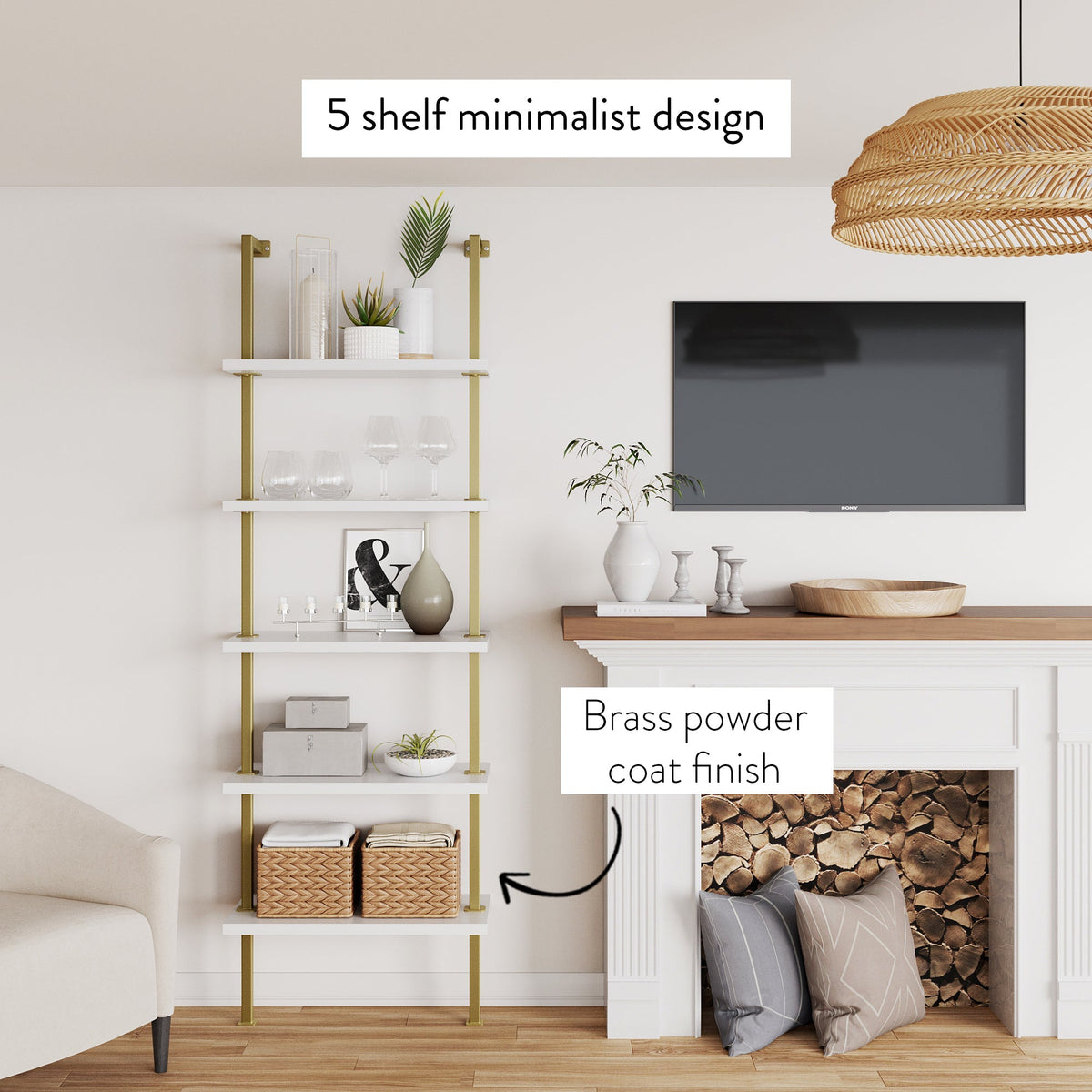 5-Shelf Ladder Bookshelf White Gold