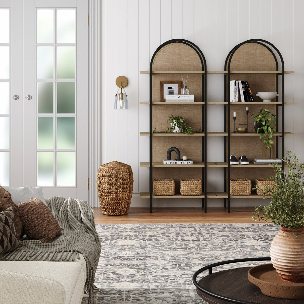 Boho Rattan & Wood Arched Bookshelf