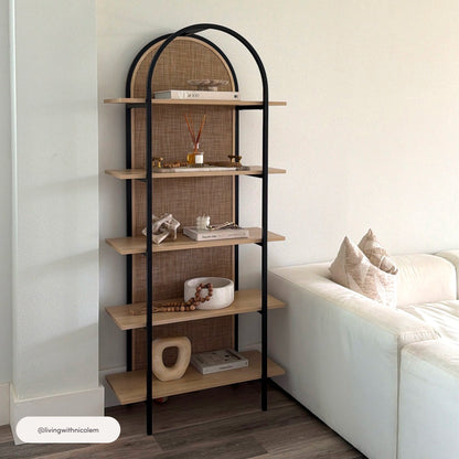 Boho Rattan & Wood Arched Bookshelf