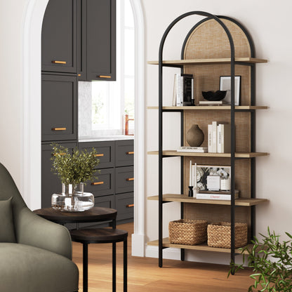 Boho Rattan & Wood Arched Bookshelf