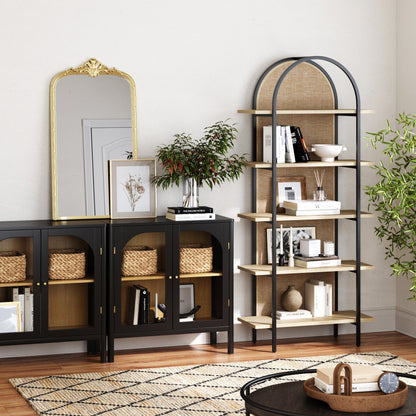 Boho Rattan & Wood Arched Bookshelf