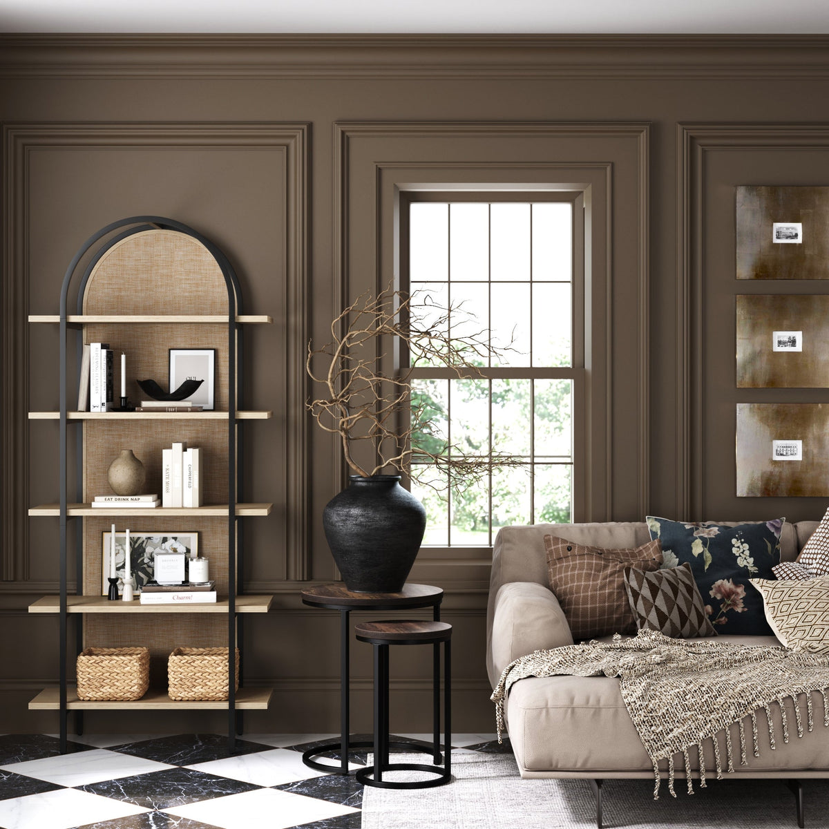 Boho Rattan & Wood Arched Bookshelf