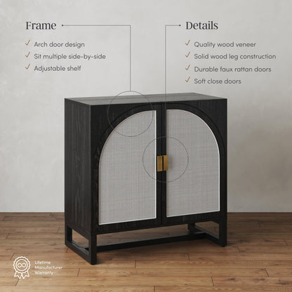 Boho Rattan Arched Door Storage Cabinet Black